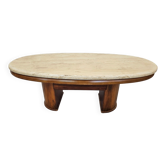 Mid-century coffee table in walnut with a travertine top.