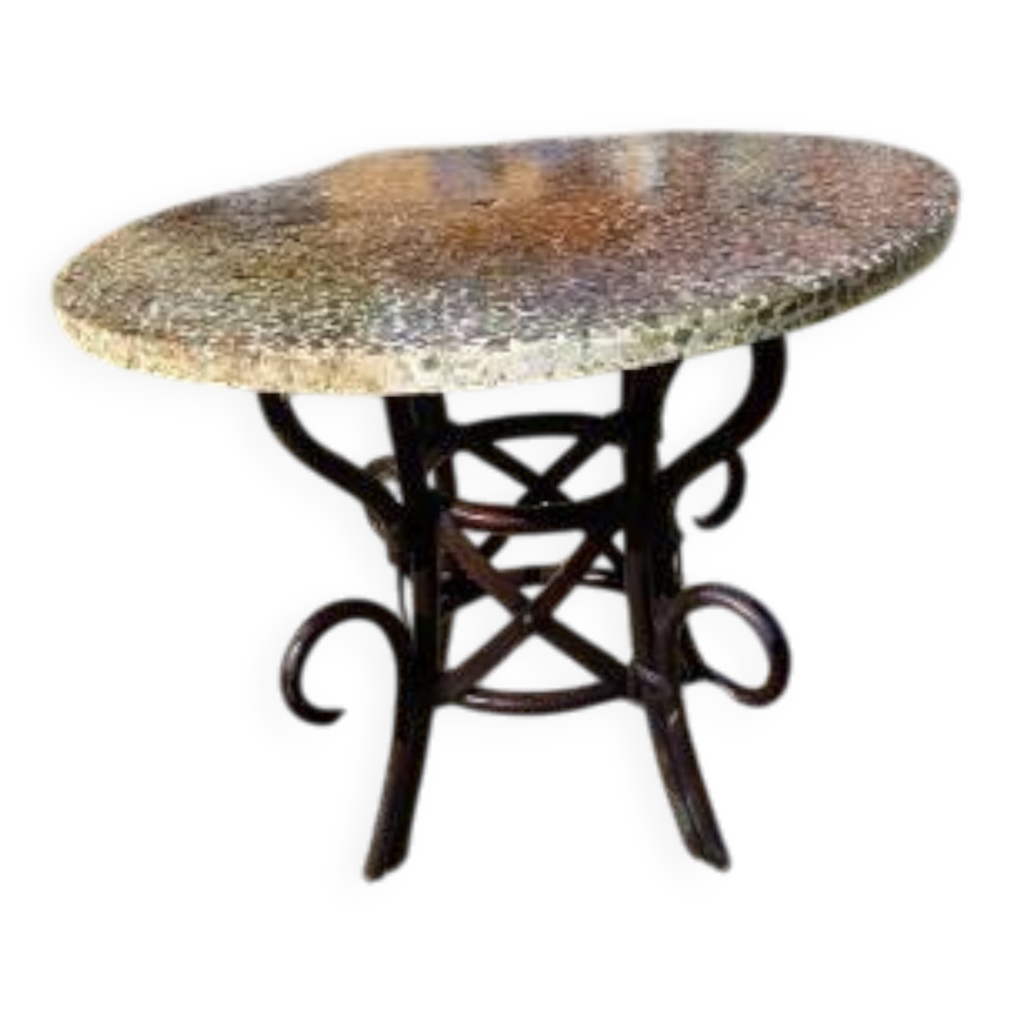 Vintage rattan table with reconstituted cement and stone top