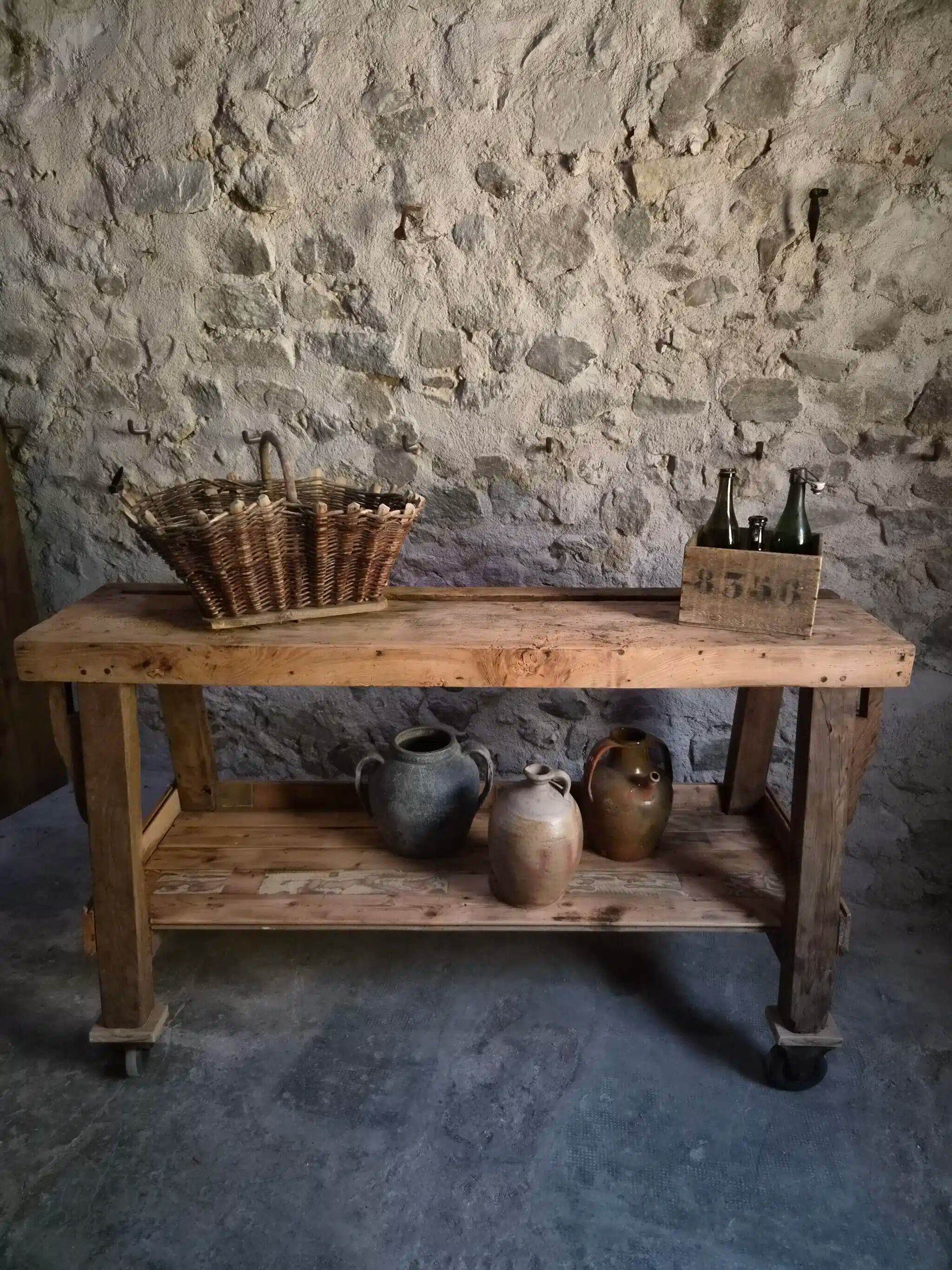 French industrial kitchen island, antique work table in chestnut and oak, circa 1900.