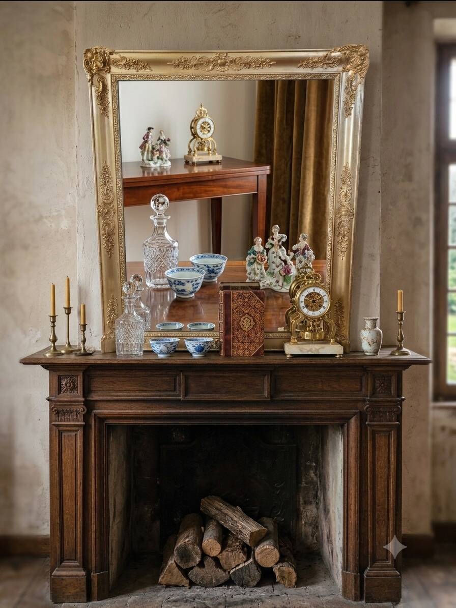 Antique gilded mirror from the 19th century, mercury mirror.