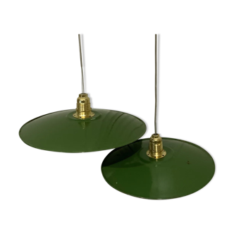 Vintage hanging  duo in new green and white enamelled sheet