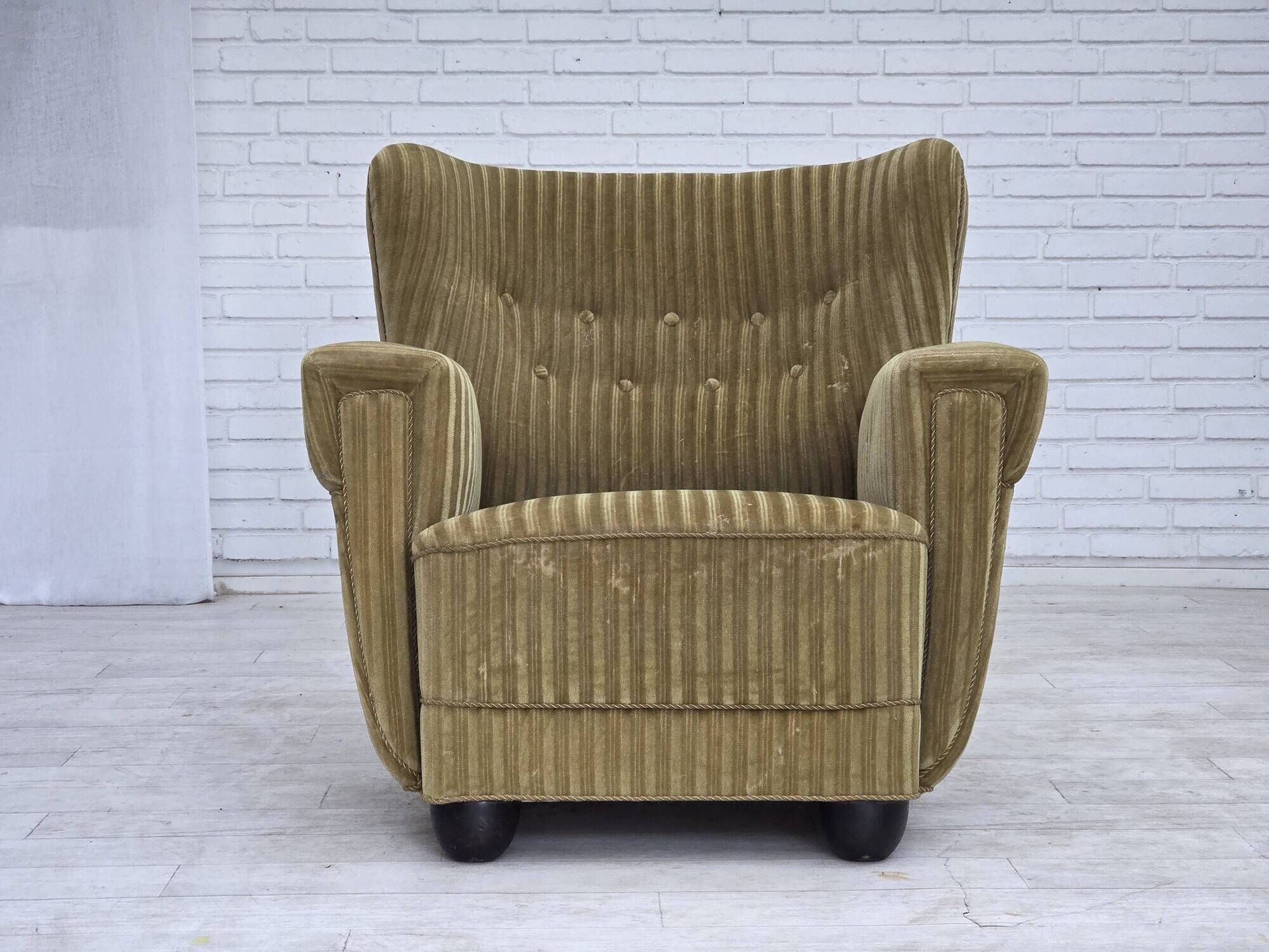 1960s, Danish relax armchair, furniture velour, oak wood.