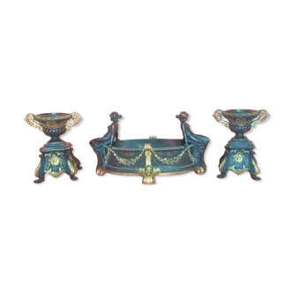 Planter and its two Empire-style candlesticks - Polychrome Gold Resin - 70's