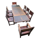 Antique table with 6 chairs and two armchairs in genuine leather