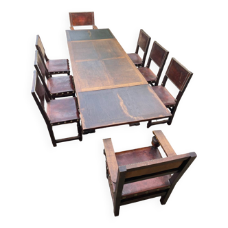 Antique table with 6 chairs and two armchairs in genuine leather