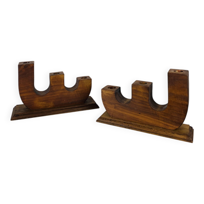 Paire de bougeoirs brutalistes bois, années 60