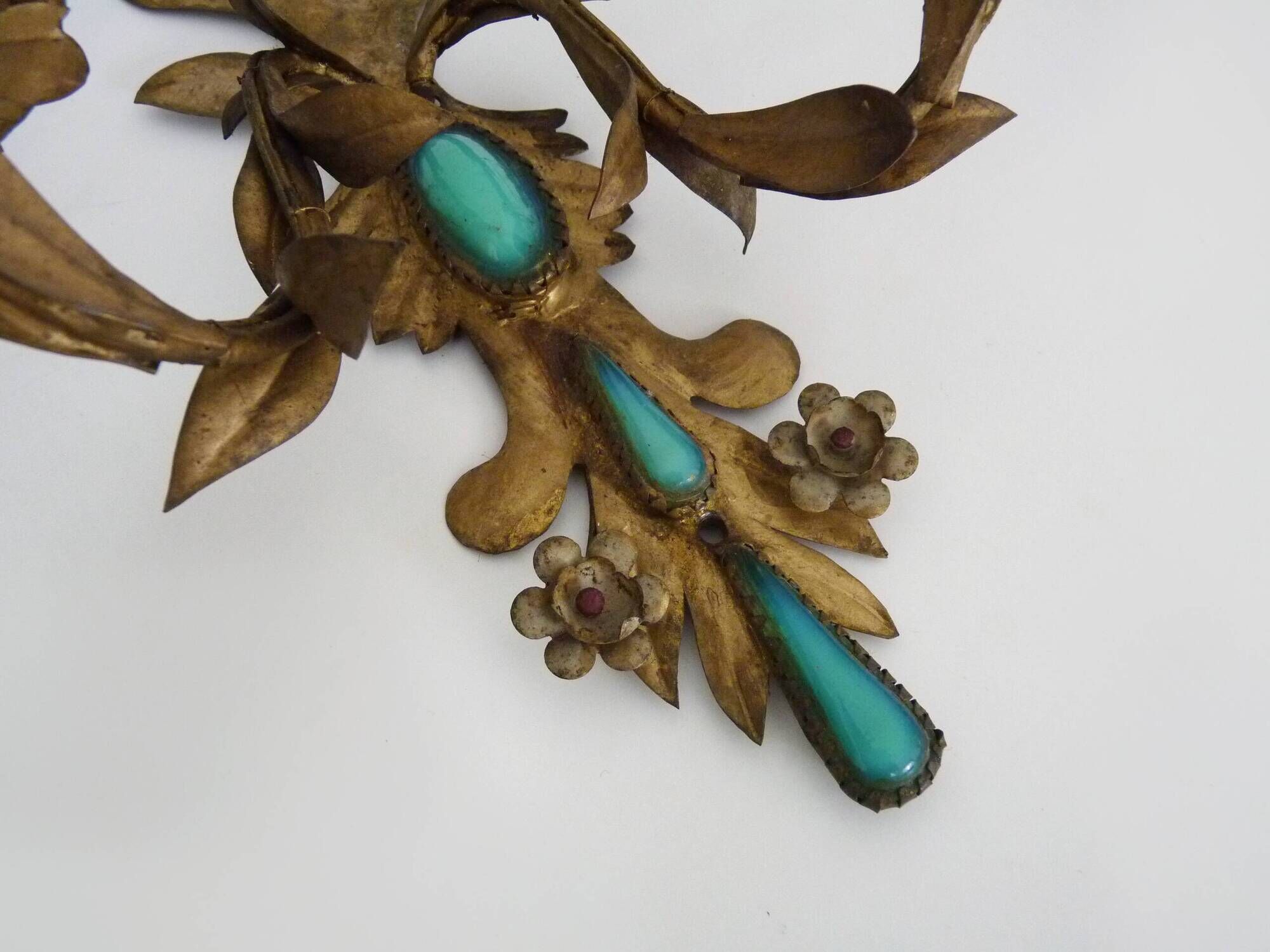 Pair of gold metal wall lights with turquoise glass inlay. 70