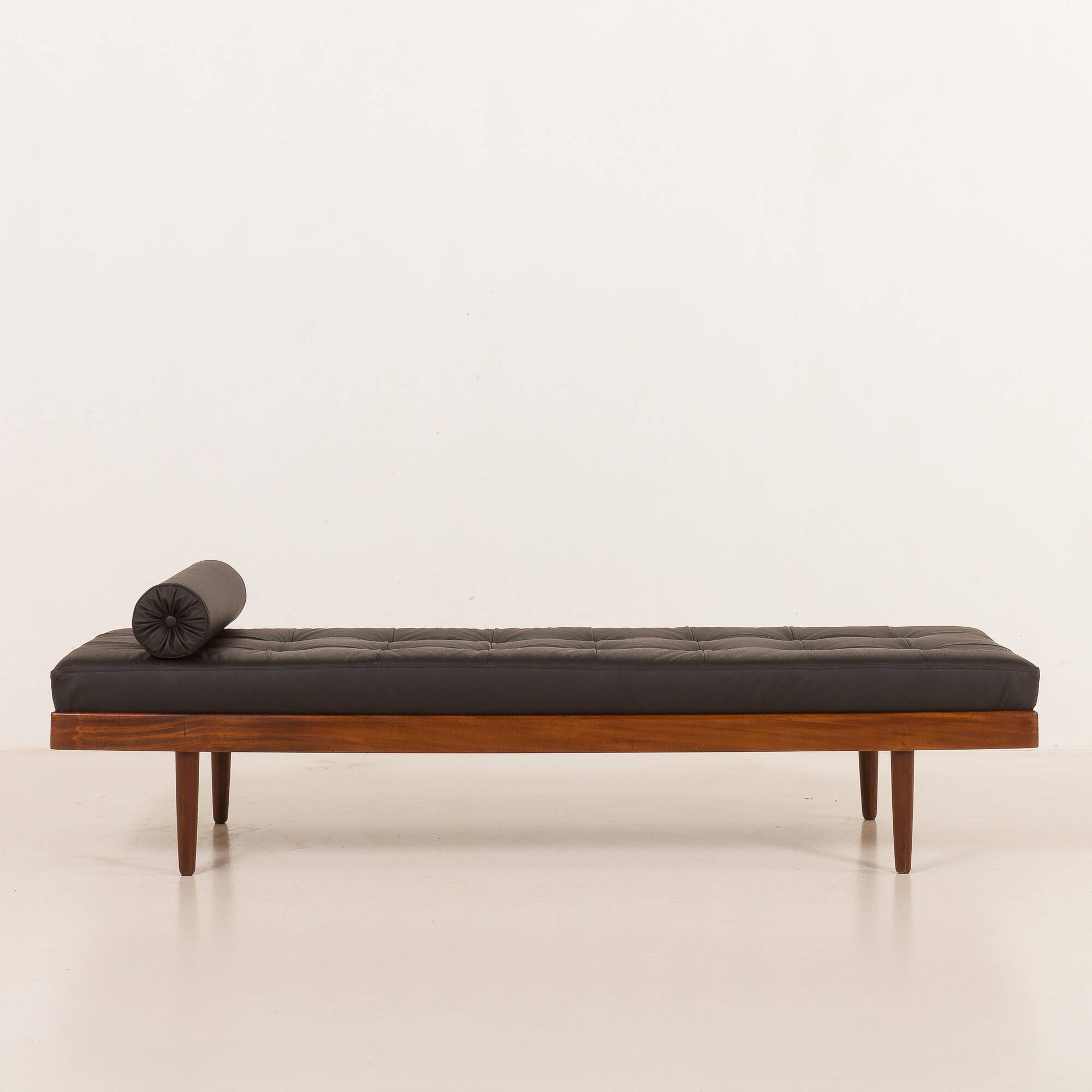 Danish mid century teak daybed in black leather, 1960s