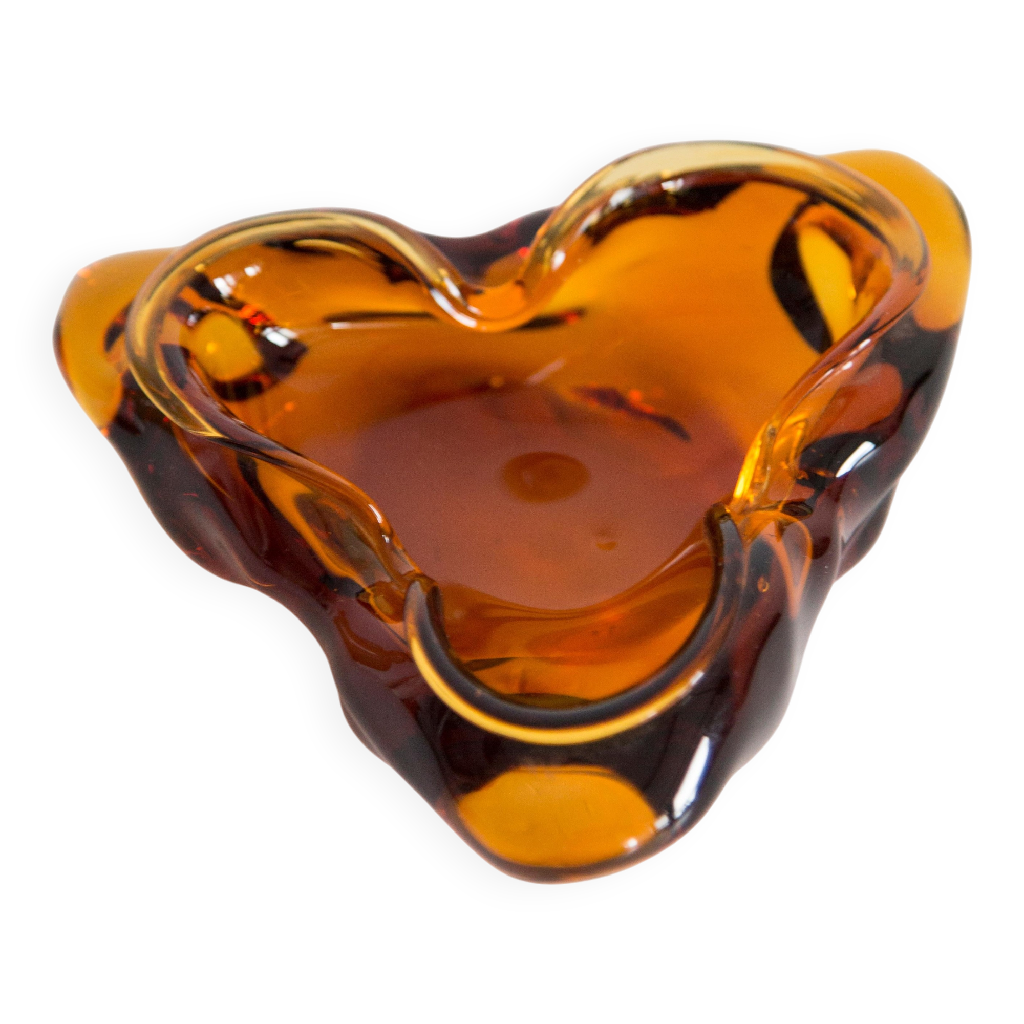 Artistic orange glass bowl ashtray, mid-century crystal, Italy, 1970s.