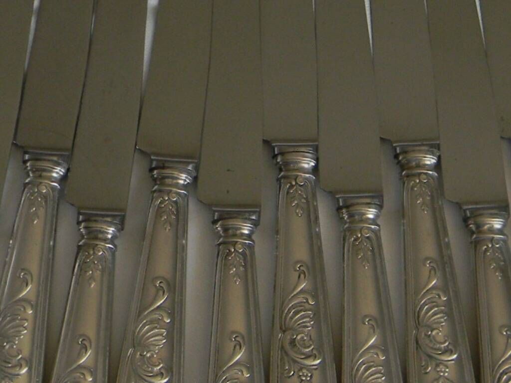 Set of 12 knives with silver metal handles and stainless steel blades.