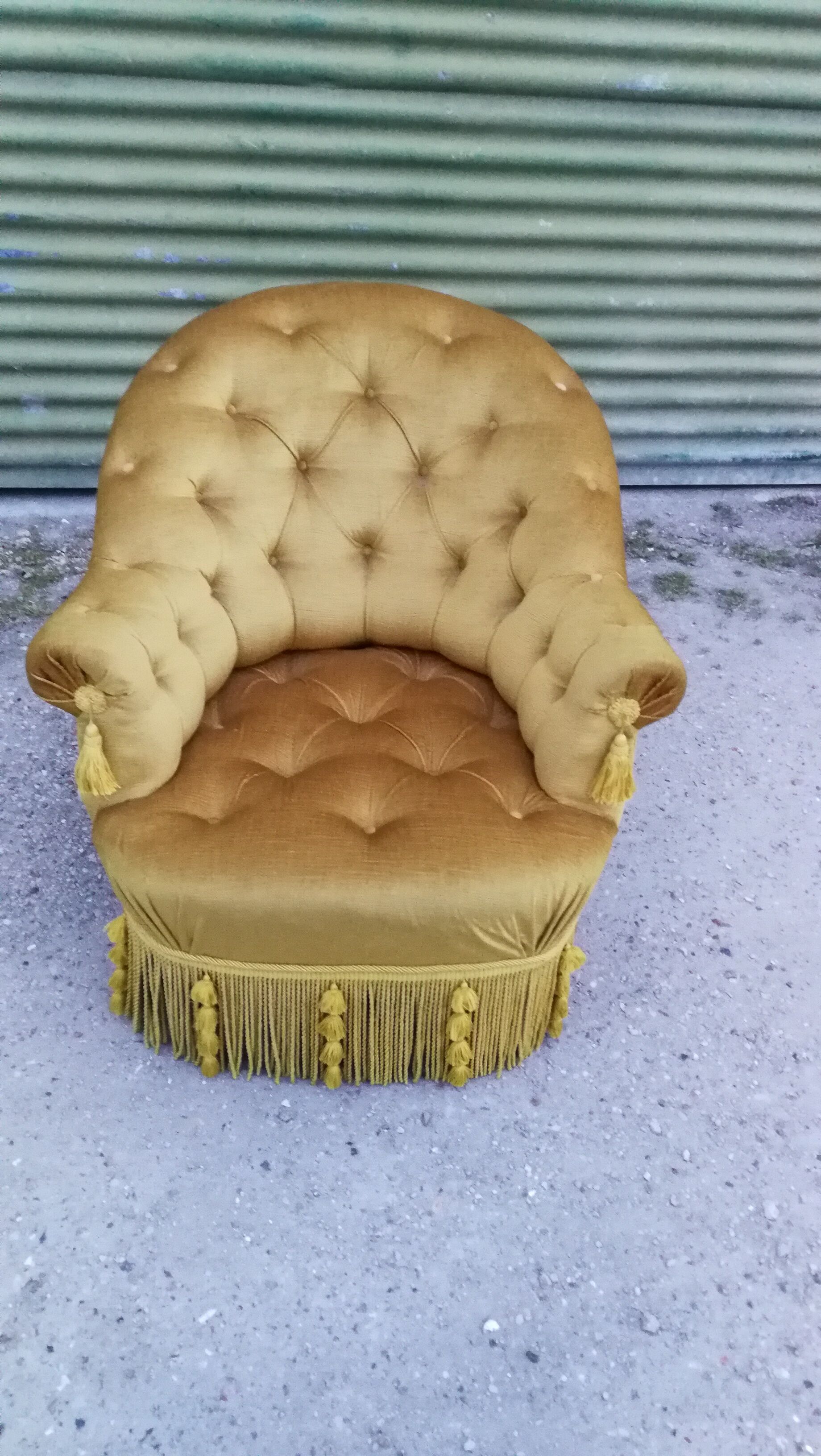 Toad padded velvet armchair, mustard fringe, 60 years