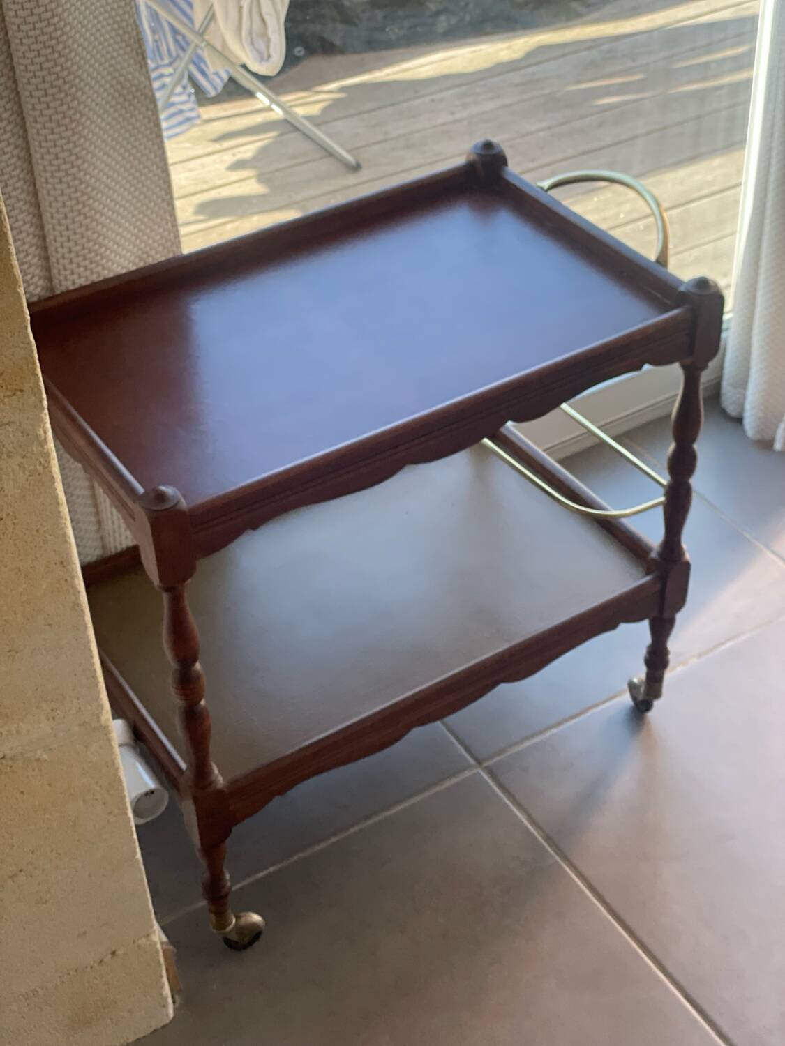Vintage wooden and gilded brass rolling dessert trolley
