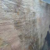 Large painting farm on pond old 19th century signature oil on linen canvas