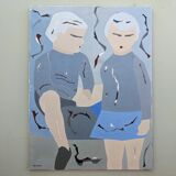 Peinture à l’huile figurative abstraite suédoise « The Pair » du milieu du siècle par Hans Osswald, non encadrée