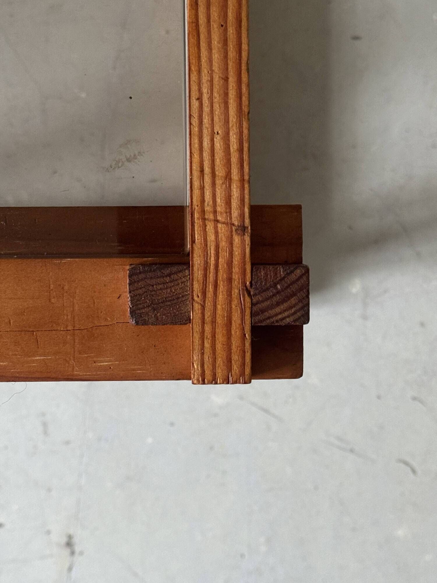 Modernist side table/nightstand in pine wood & smoked glass, 1970s design.