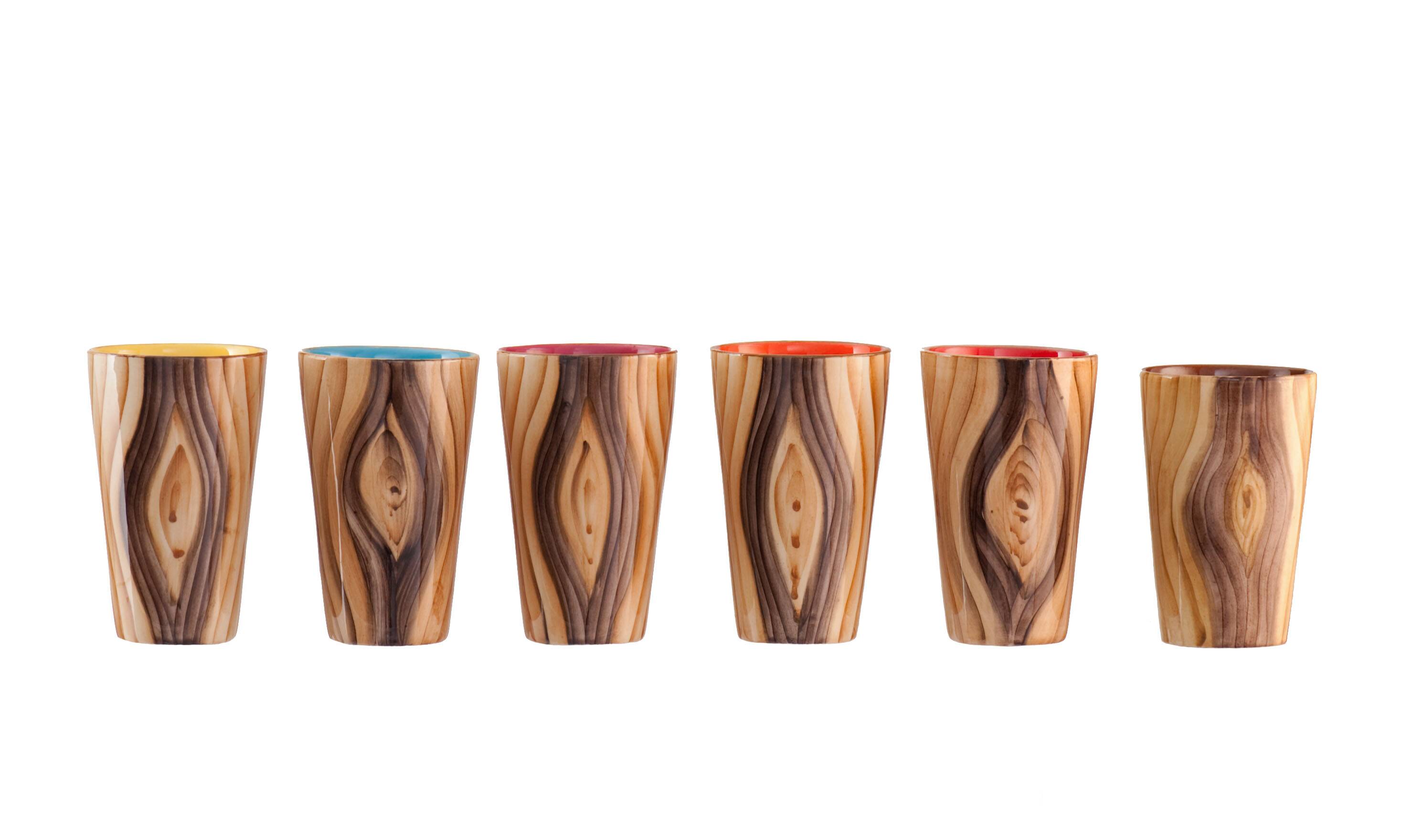 Orangeade service pitcher and 6 ceramic glasses faux wood and wrought iron Vallauris year 50/60