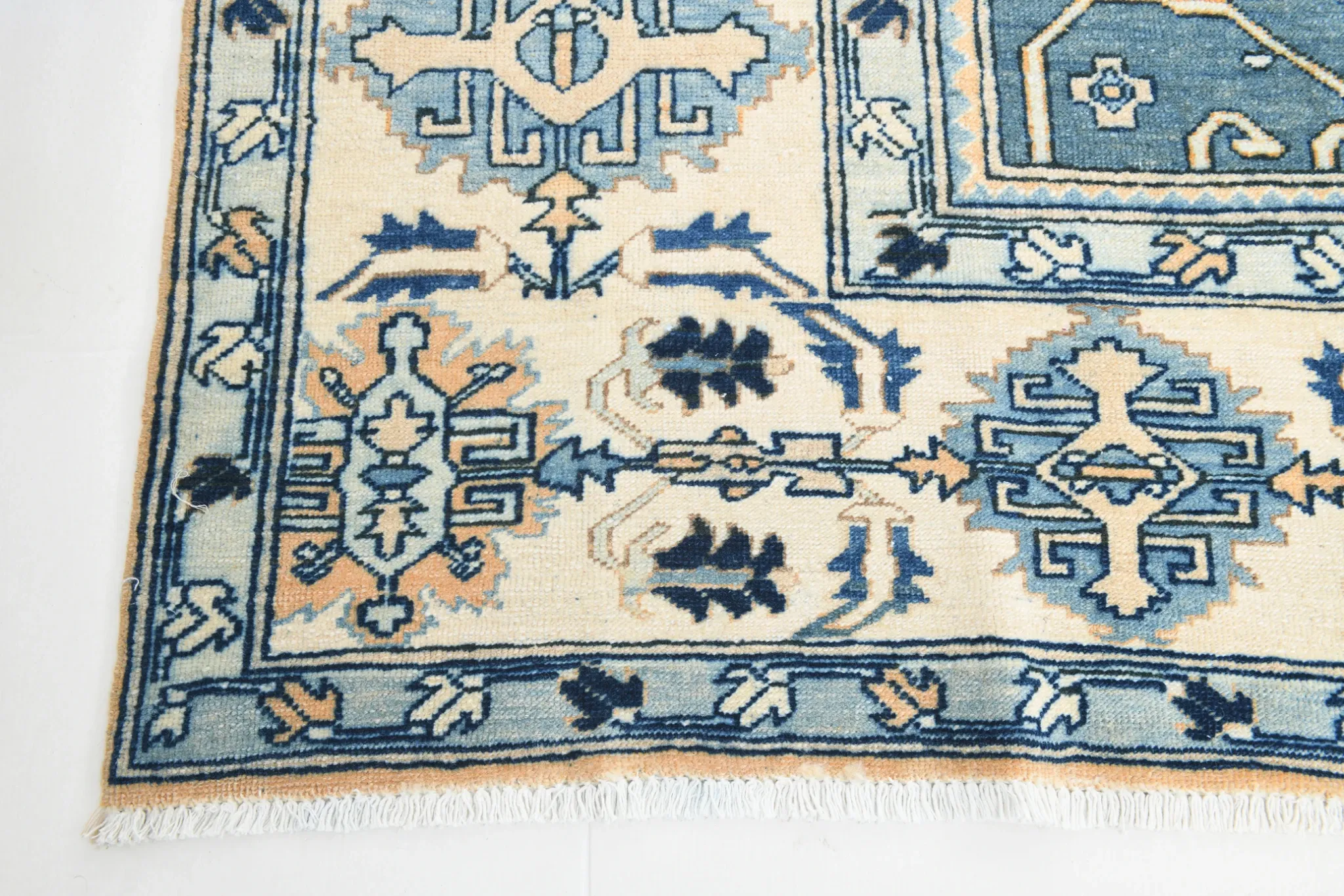 Vintage Large Blue & Peach Persian Rug, Handmade Wool Rustic Decor,348x495
