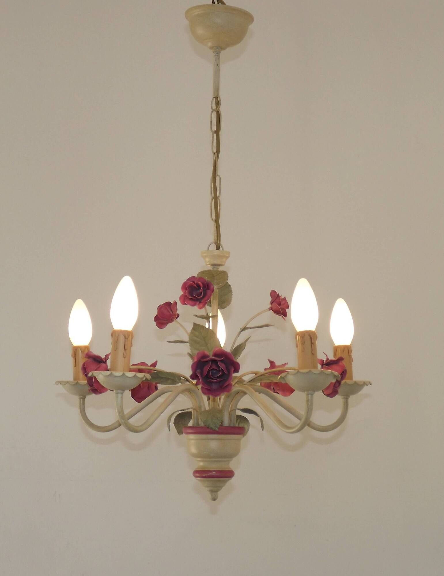 French vintage metal deep pink rose and green leaf 5-light chandelier