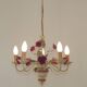 French vintage metal deep pink rose and green leaf 5-light chandelier