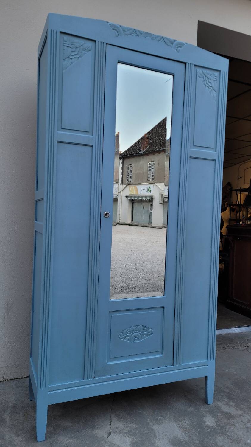 Parisian Art Deco armoire with beveled mirror and painted decoration