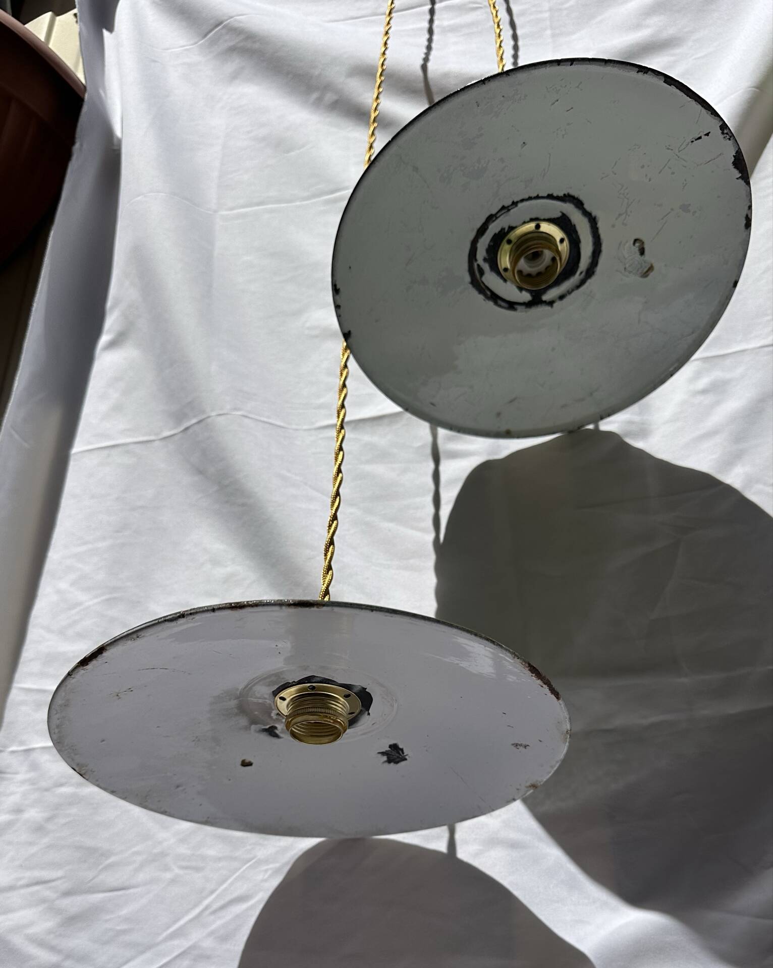Vintage suspension pair in enamelled sheet metal retro factory style