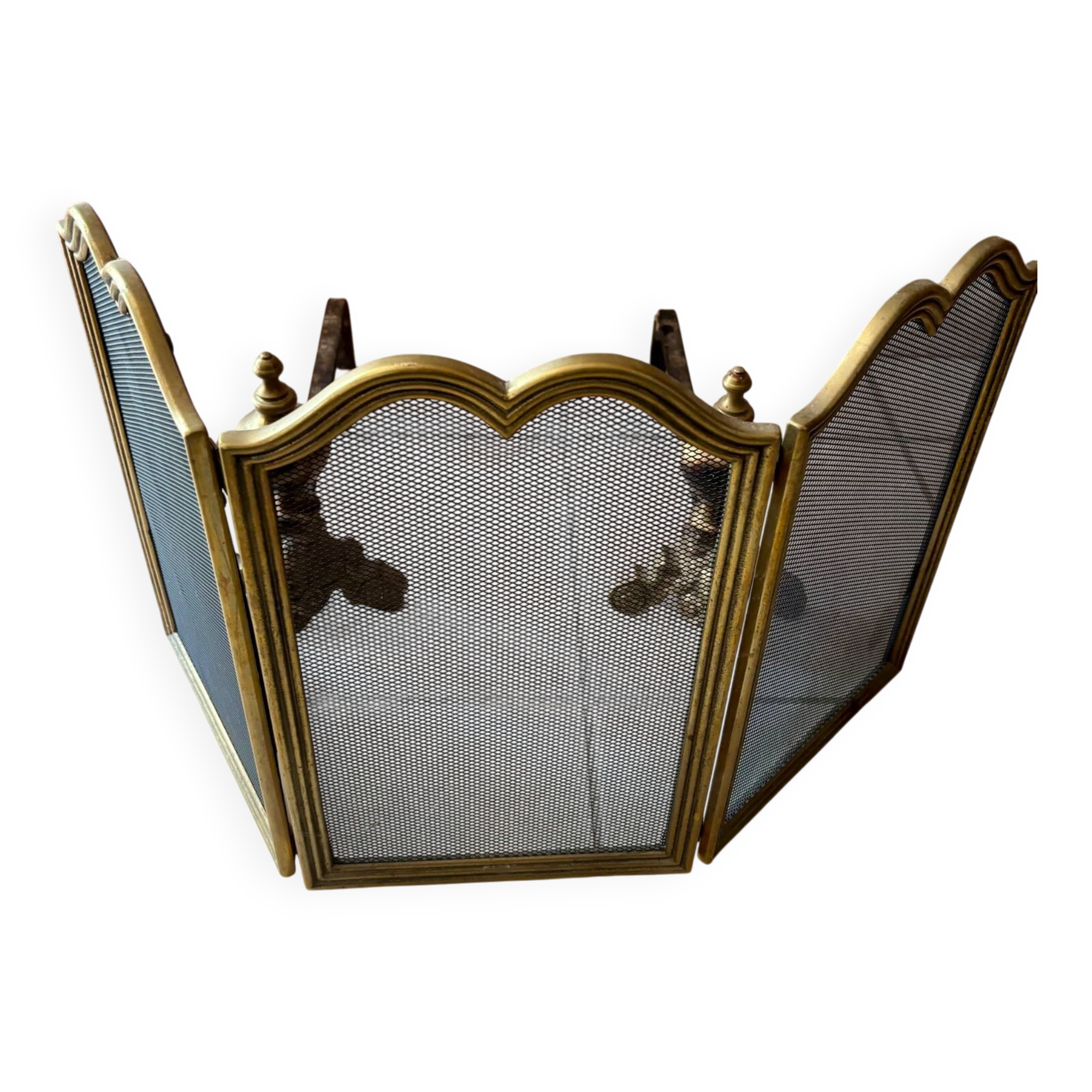 Gold wrought iron andiron and log holder for fireplace with grate