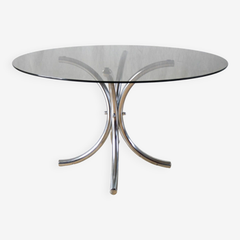 Table basse ronde en verre fumé et chrome piètements étoile Design 1970