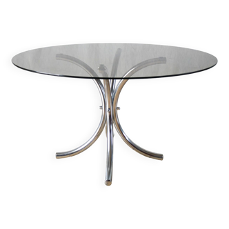 Table basse ronde en verre fumé et chrome piètements étoile Design 1970