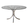 Table basse ronde en verre fumé et chrome piètements étoile Design 1970