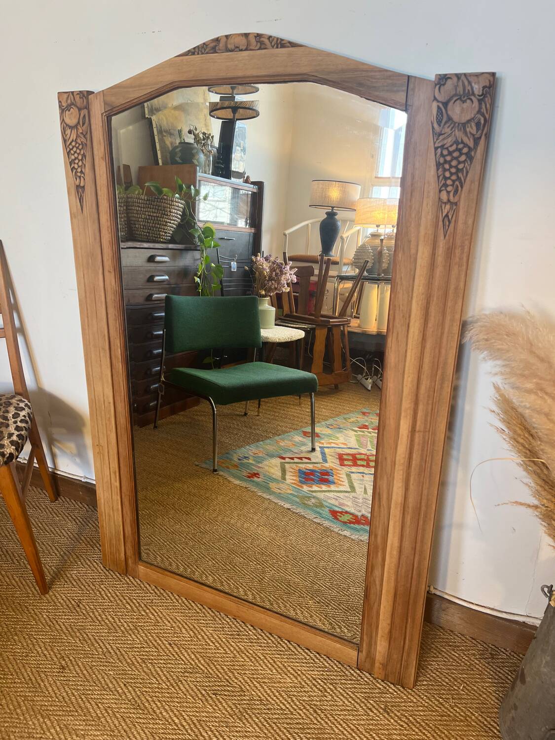 Large old art deco mirror in wood and beveled glass
