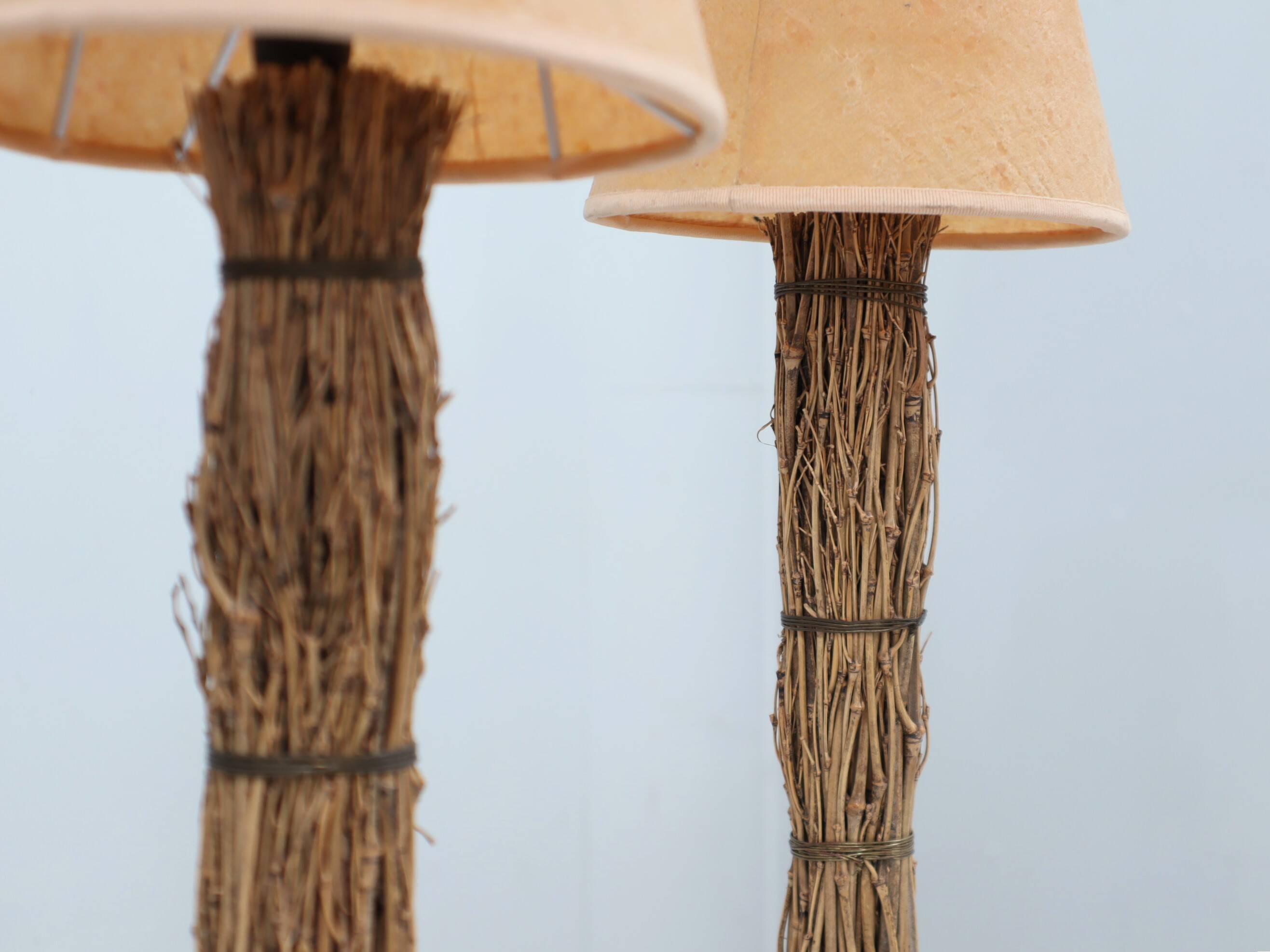 Pair of 1970s Italian decorative table lamps raphia & parchment
