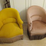 Set of 2 yellow and pink velvet tub chairs.