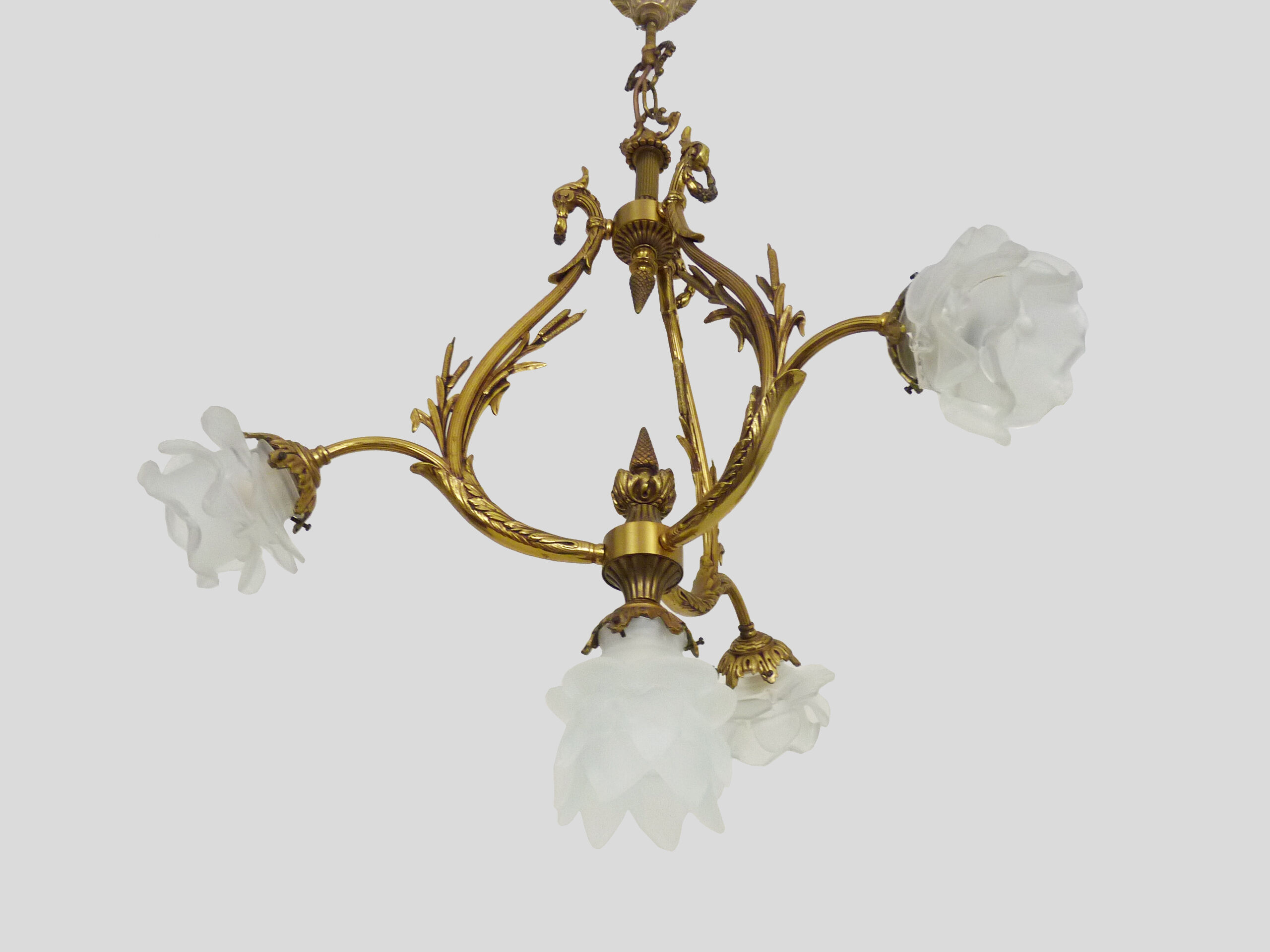 Bronze chandelier with 4-burner glass tulips, chandelier 70s