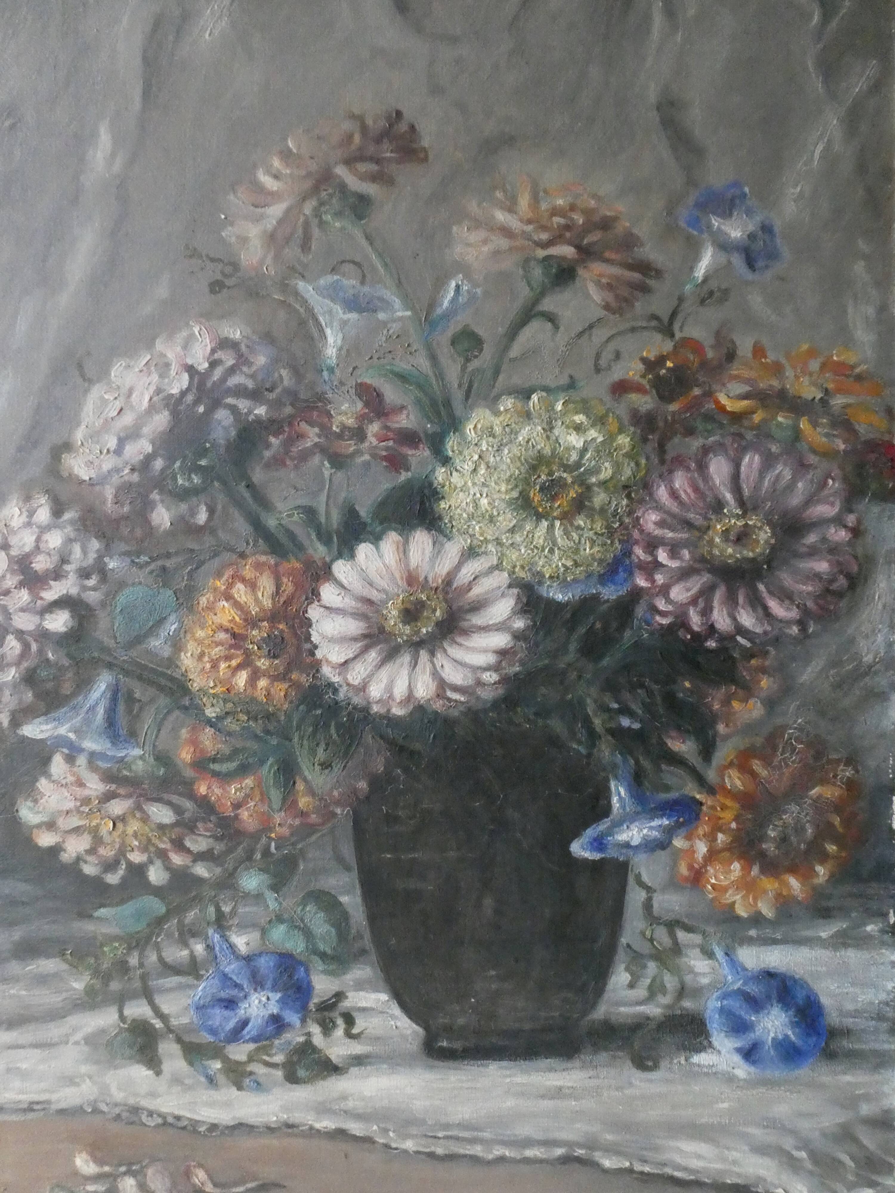 Table, oil on canvas, bouquet of flowers, signed