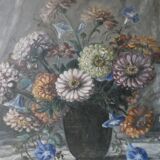 Table, oil on canvas, bouquet of flowers, signed
