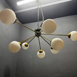 Post-Modern Sputnik Chandelier in Brass and Opaline Glass, Italy, 1980