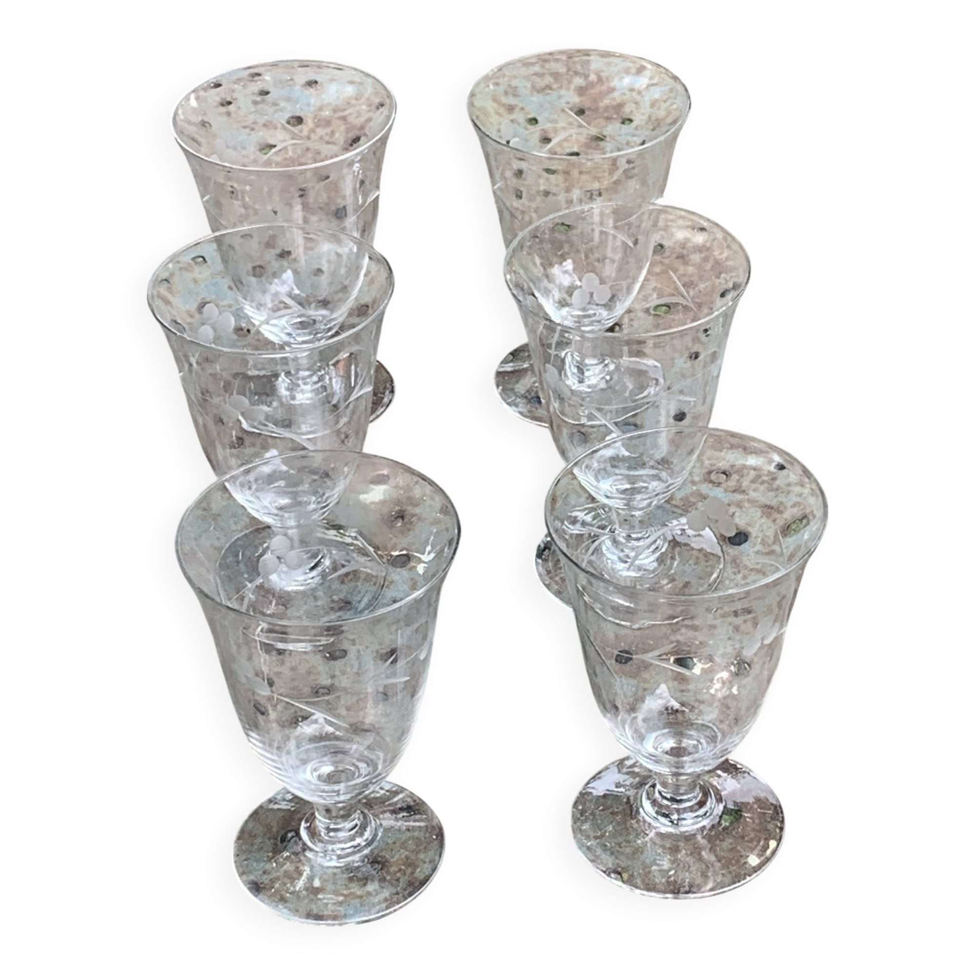 6 large antique wine glasses, chiseled floral pattern,
