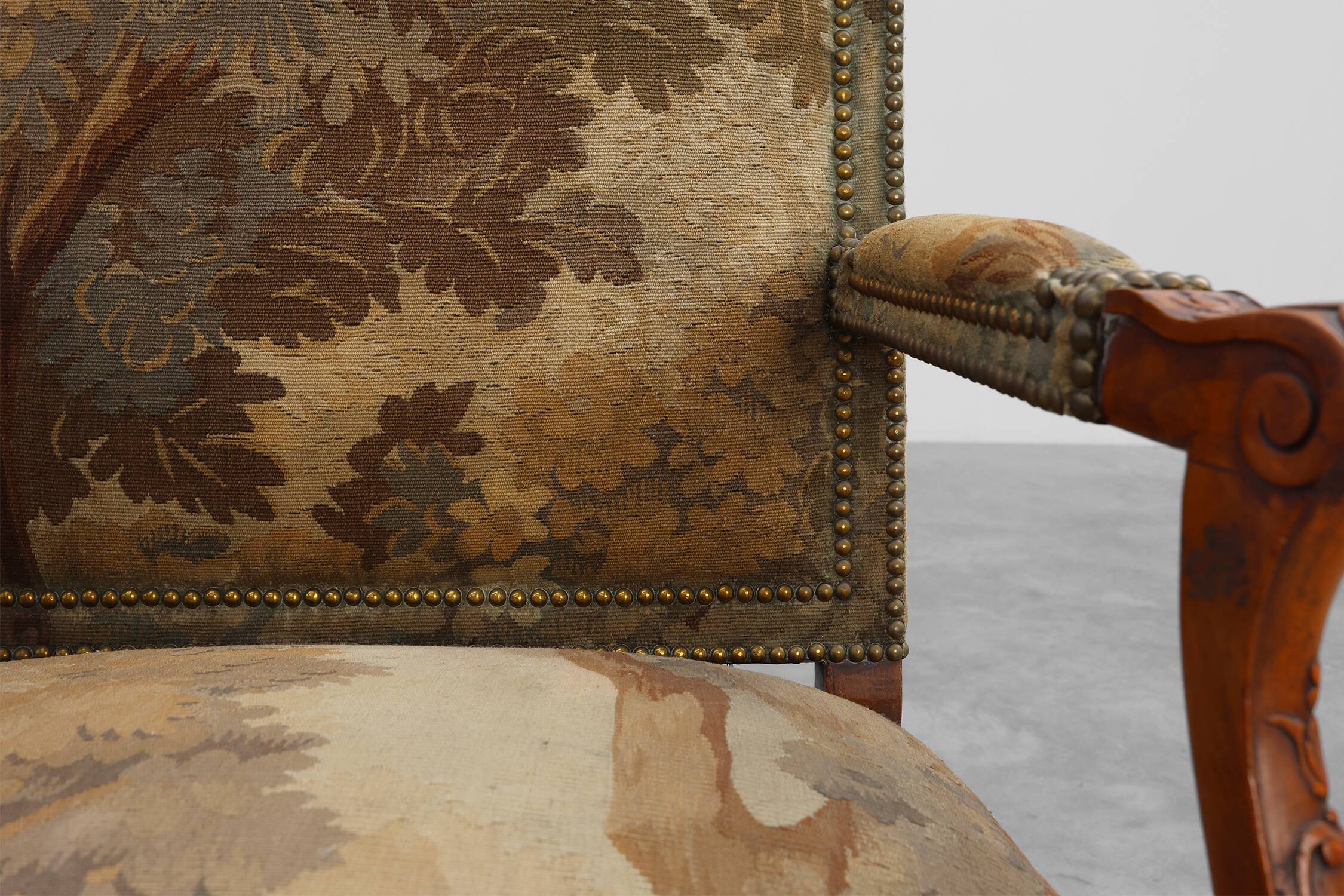 Carved Walnut Armchair with Cabriole Legs and Tapestry Upholstery, France
