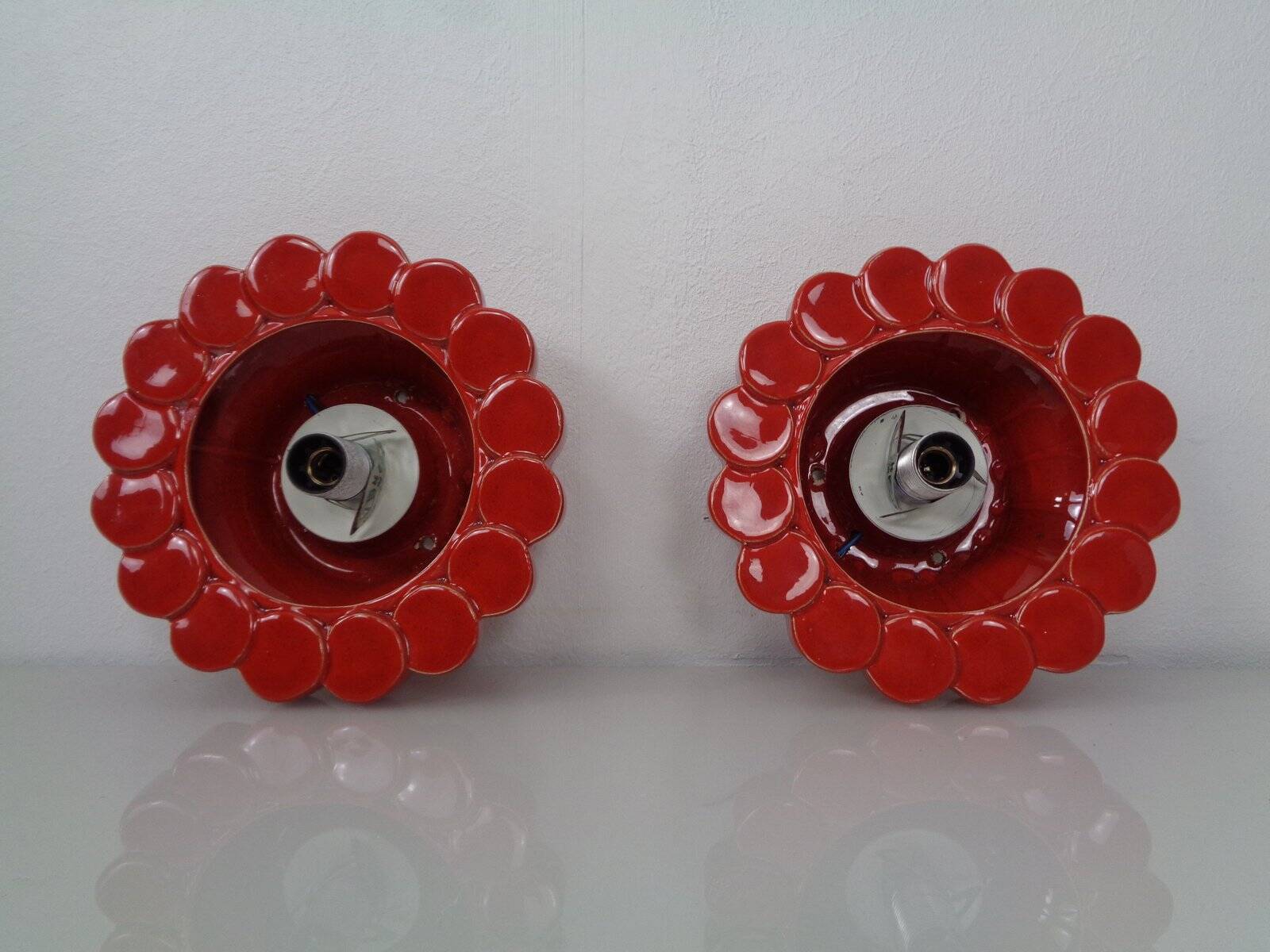 Pop Art Studio Ceramic & Glass Flower Wall Lamps, Germany, 1960s, Set of 2