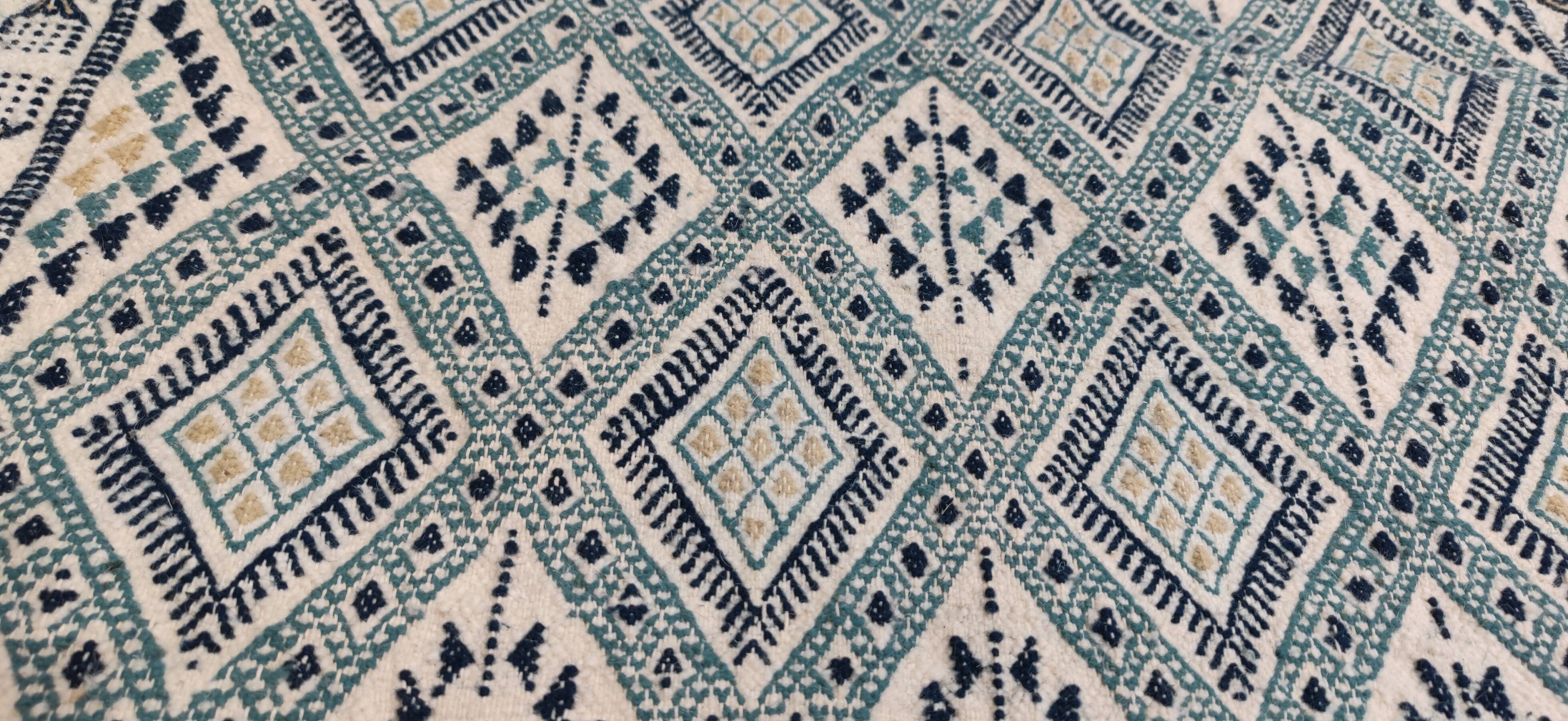 Handmade white blue and beige margoum rug