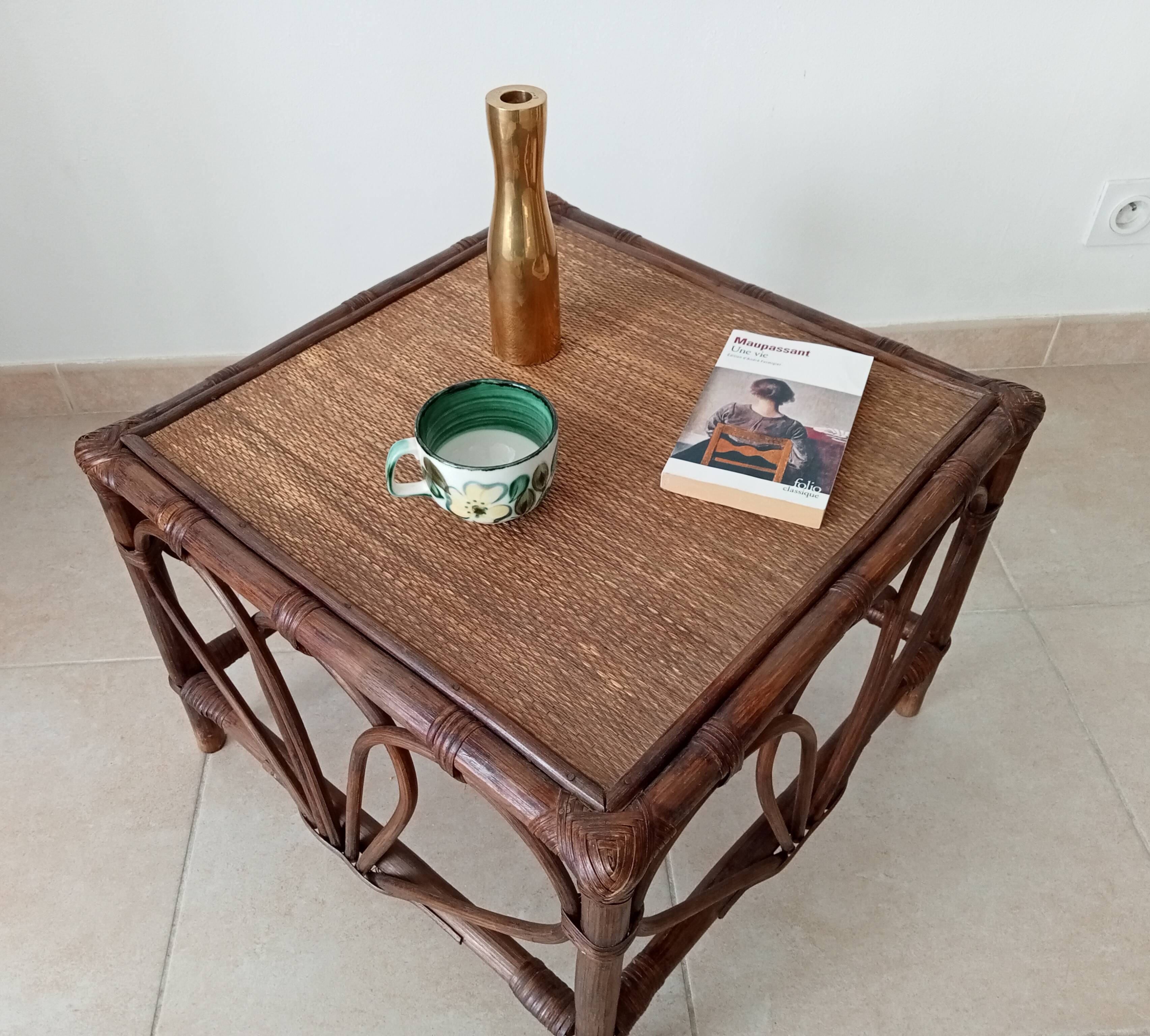 Vintage rattan and bamboo coffee table, 51*51 cm