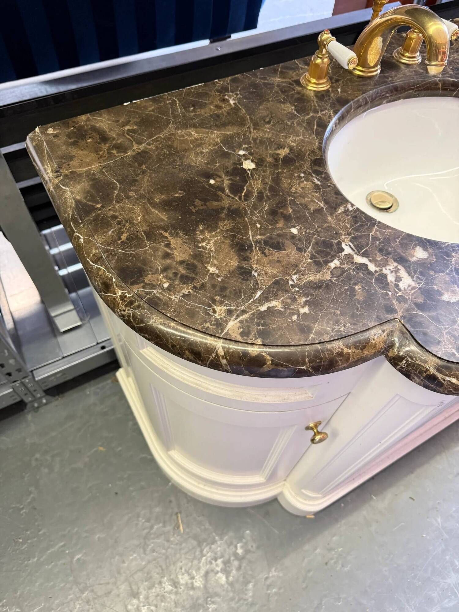 Classic double bathroom cabinet with marble top and gold fittings
