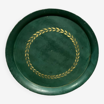 Large serving tray in painted sheet metal, the green background and the edges enhanced with a leaf motif