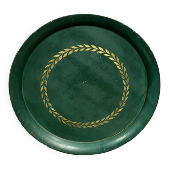 Large serving tray in painted sheet metal, the green background and the edges enhanced with a leaf motif