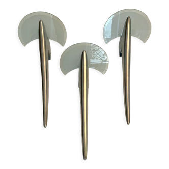 Set of 3 vintage 1980 wall lamps, chrome metal and sandblasted glass, Alien model by Joan Augé.
