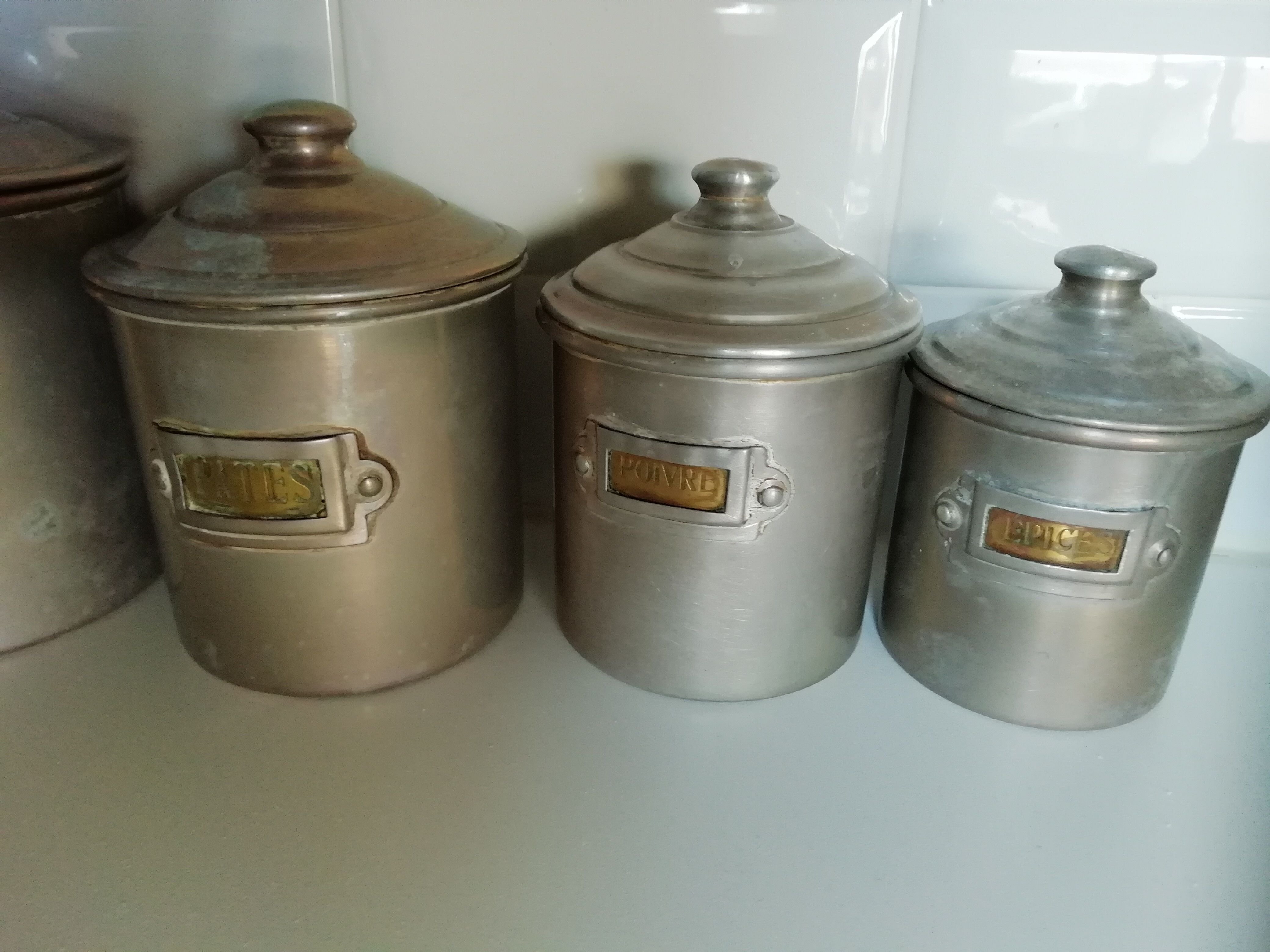 complete series of 6 metal jars with brass label