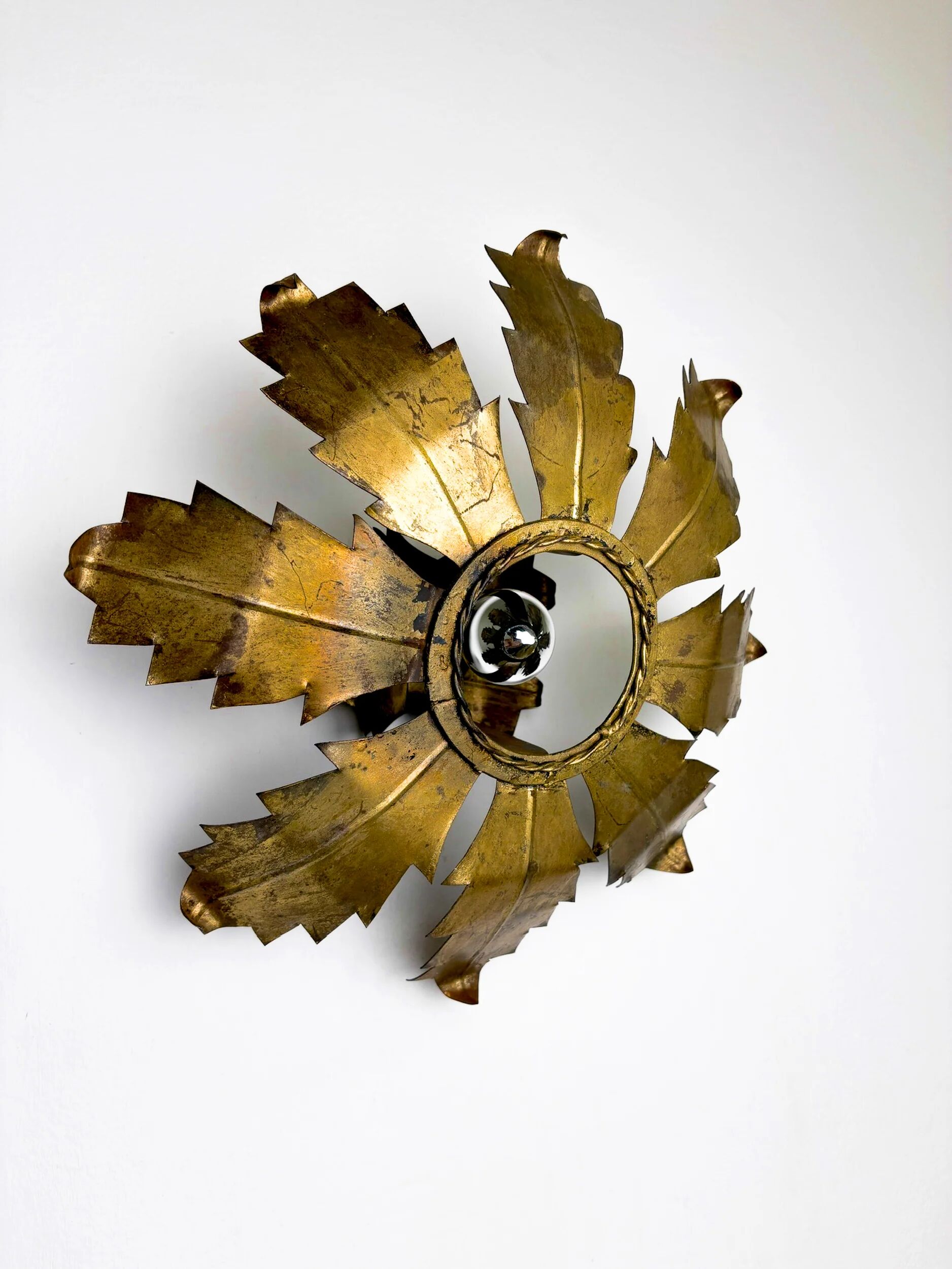 Spanish sunburst flush mount light fixture in gilt iron, circa 1970s