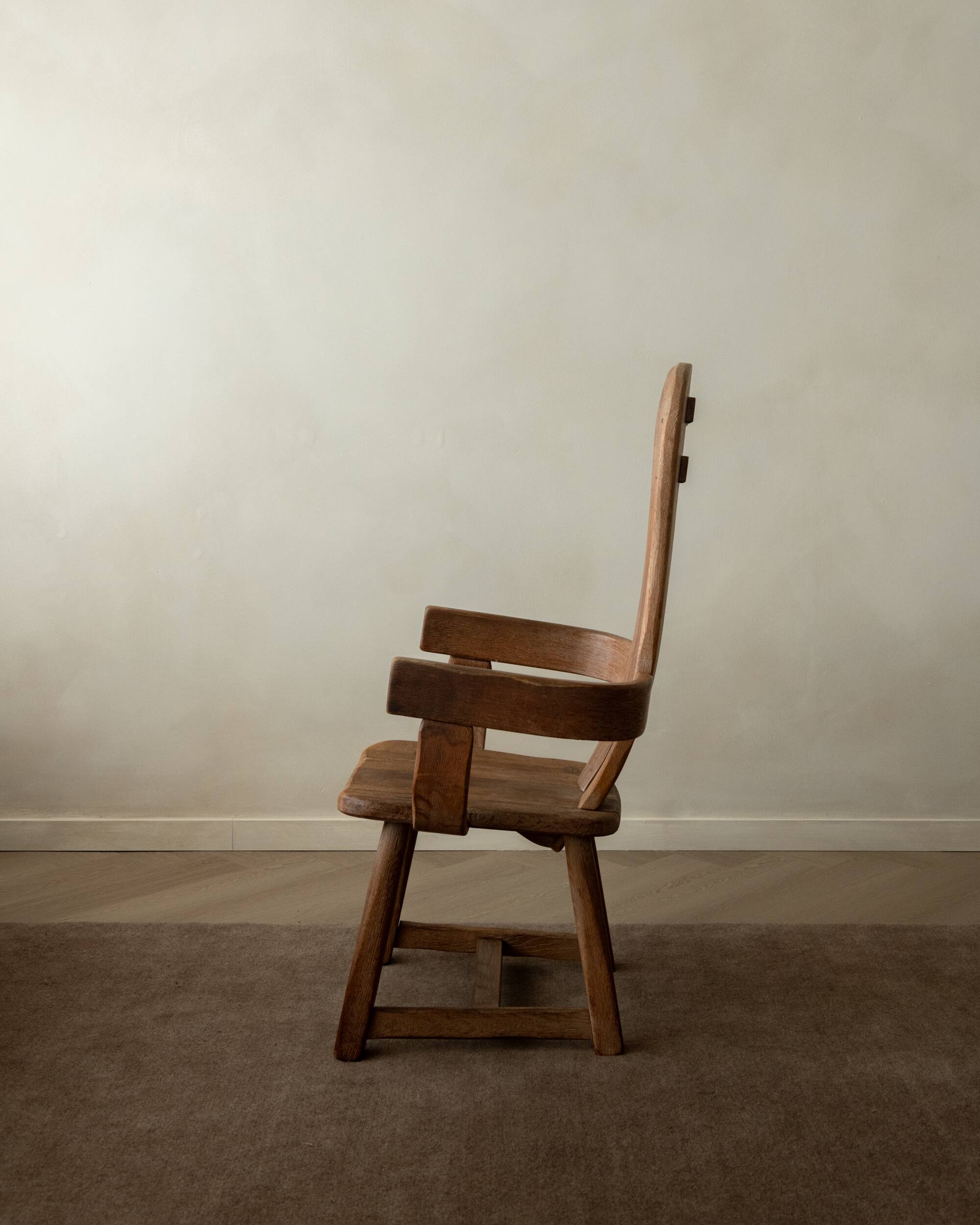 Brutalist Oak Armchair with Sculptural High Back by De Puydt, 1960s