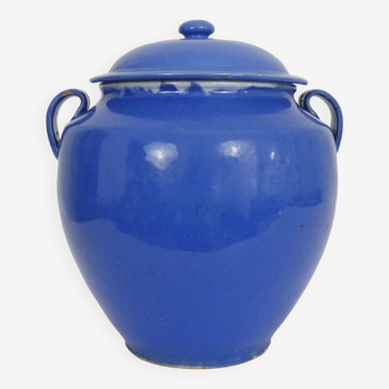Pot à confit bleu vernissé, sud ouest de la France. Pot de conservation. Pyrénées XIXème