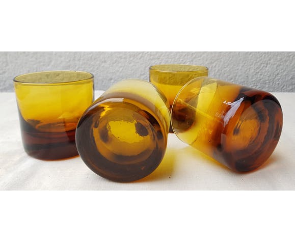 4 whiskey glasses in amber glass